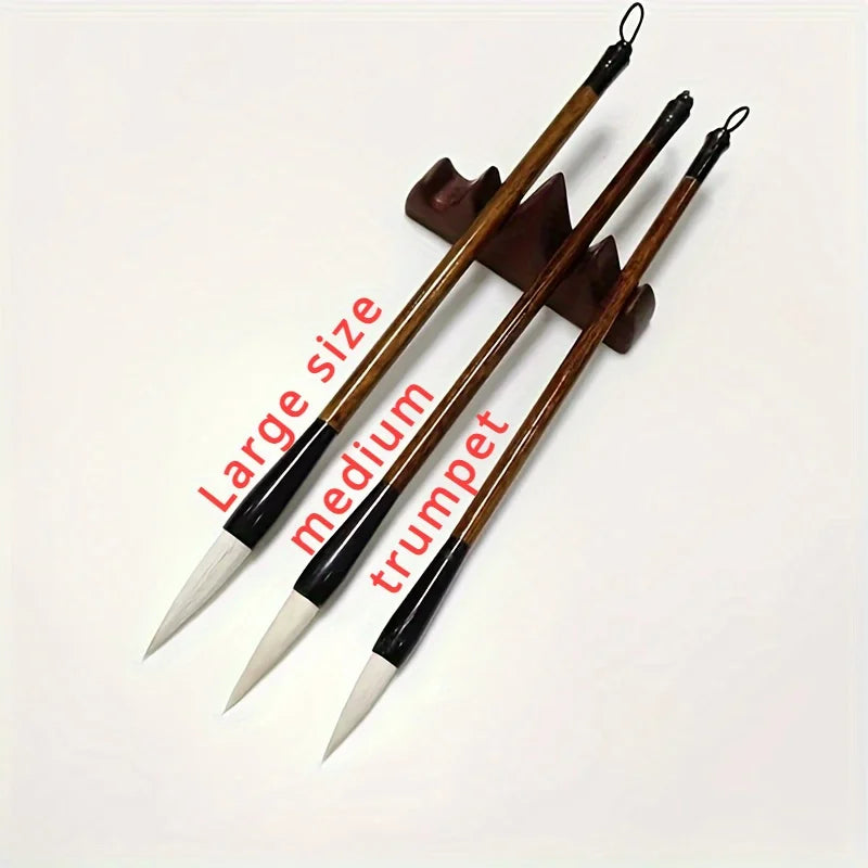 3PCS Weasel Hair Calligraphy Brush Set – Traditional Wood Writing Brushes for Painting, Pottery & Ceramic Art