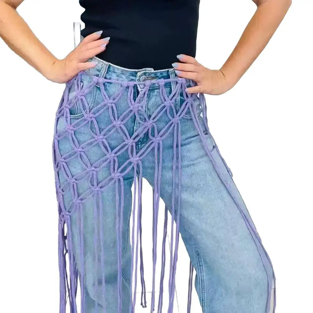 Boho Macrame Waist Belt - Handwoven Tassel Fringe Belt for Dresses & Festivals