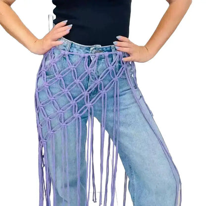 Boho Macrame Waist Belt - Handwoven Tassel Fringe Belt for Dresses & Festivals