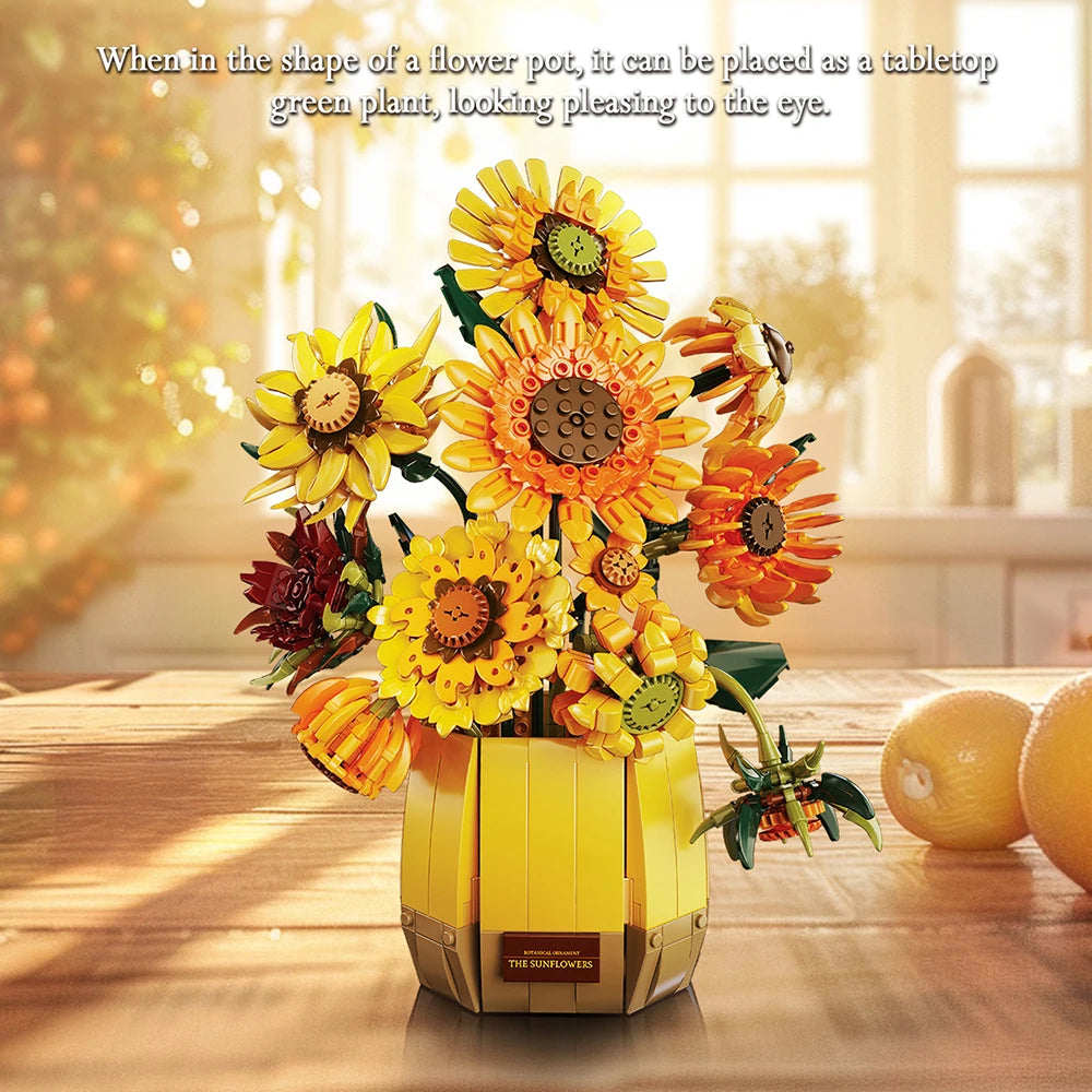 1328PCS Sunflower Building Blocks Set – Creative Flower Bouquet Vase Model for Home Decor & Kids Gifts