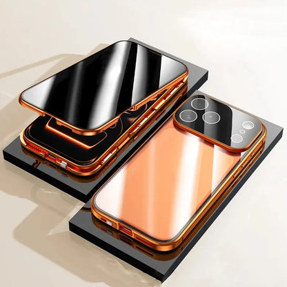360° Full Protection Metal Magnetic Double-Sided Glass Case for iPhone 17 16 15 14 13 12 Pro Max Plus 17E 16E - Snap Lock Privacy Protective Cover