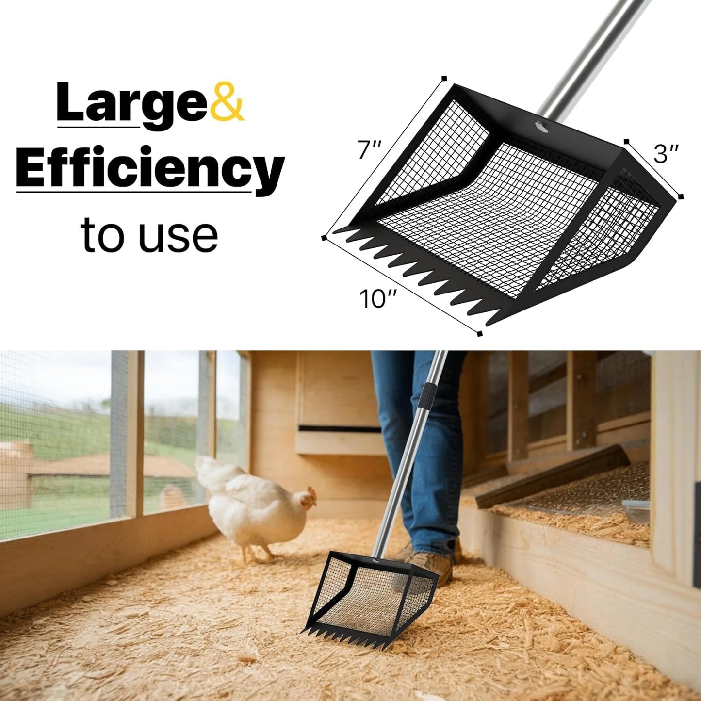 10" Large Chicken Poop Scooper with Handle – Heavy Duty Rake Head for Sand and Droppings, Poultry Coop Cleaning Tool for Easy Waste Removal