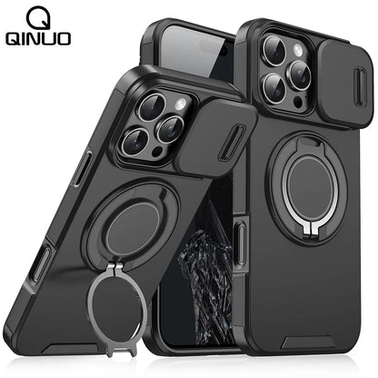 Heavy Duty Rugged Magnetic Ring Stand Case for iPhone 11–16 Pro Max Plus with Slide Camera Protection & MagSafe Compatible Cover