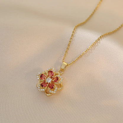 Light Luxury Gold Zircon Flower Pendant Necklace for Women – Elegant Spin Design High-End Party Jewelry Gift Chain Necklace