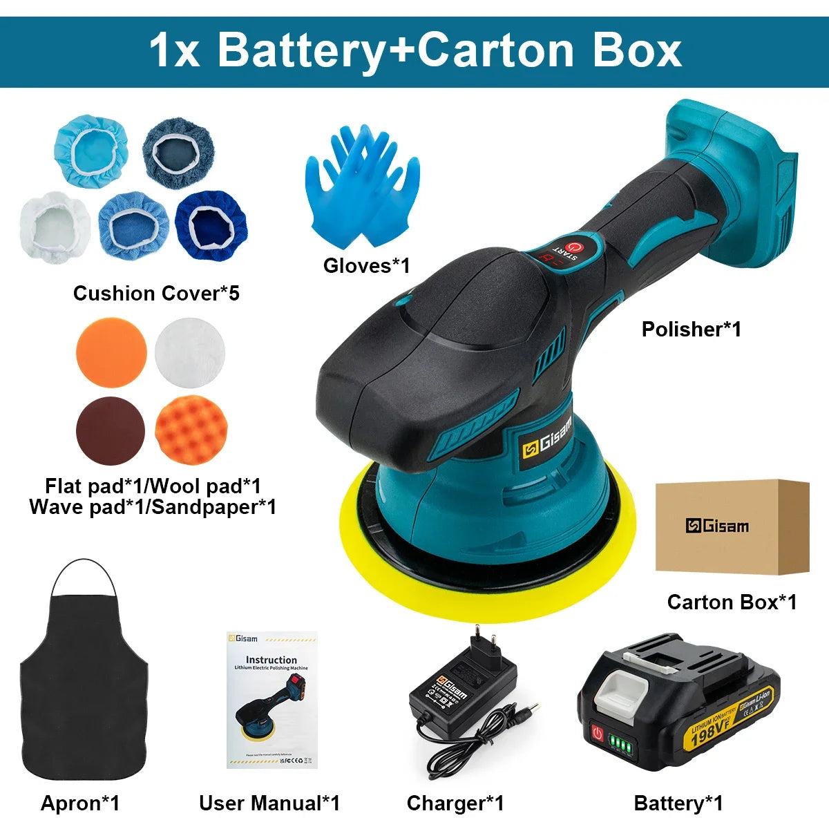 Gisam 8-Gear Digital Cordless Car Polisher — Electric Auto Waxing & Polishing Machine Compatible with Makita 18V Battery