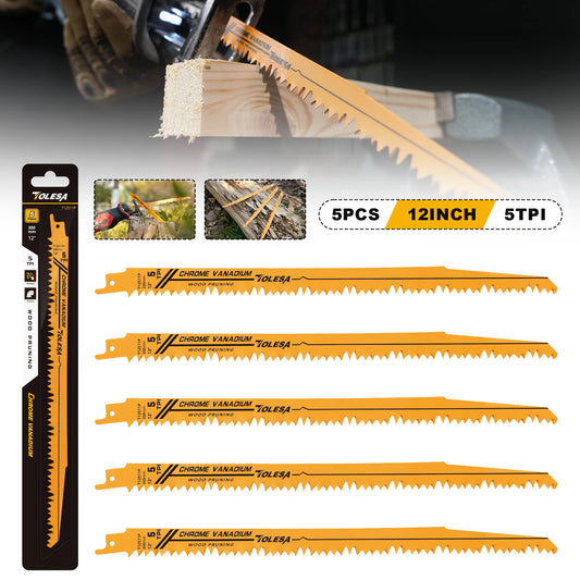 TOLESA 5PCS Reciprocating Saw Blades - 5/6TPI CRV Wood and PVC Cutting Pruning Blades for Sabre Saws