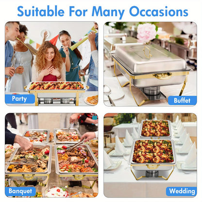 6-Pack 9QT Golden Stainless Steel Chafing Dishes – Buffet Warmer Set for Catering, Parties & Weddings