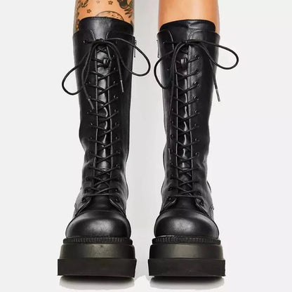 DoraTasia Women’s Black Gothic Mid-Calf Boots – Round Toe, Side Zipper Lace-Up Street & Christmas Party Shoes