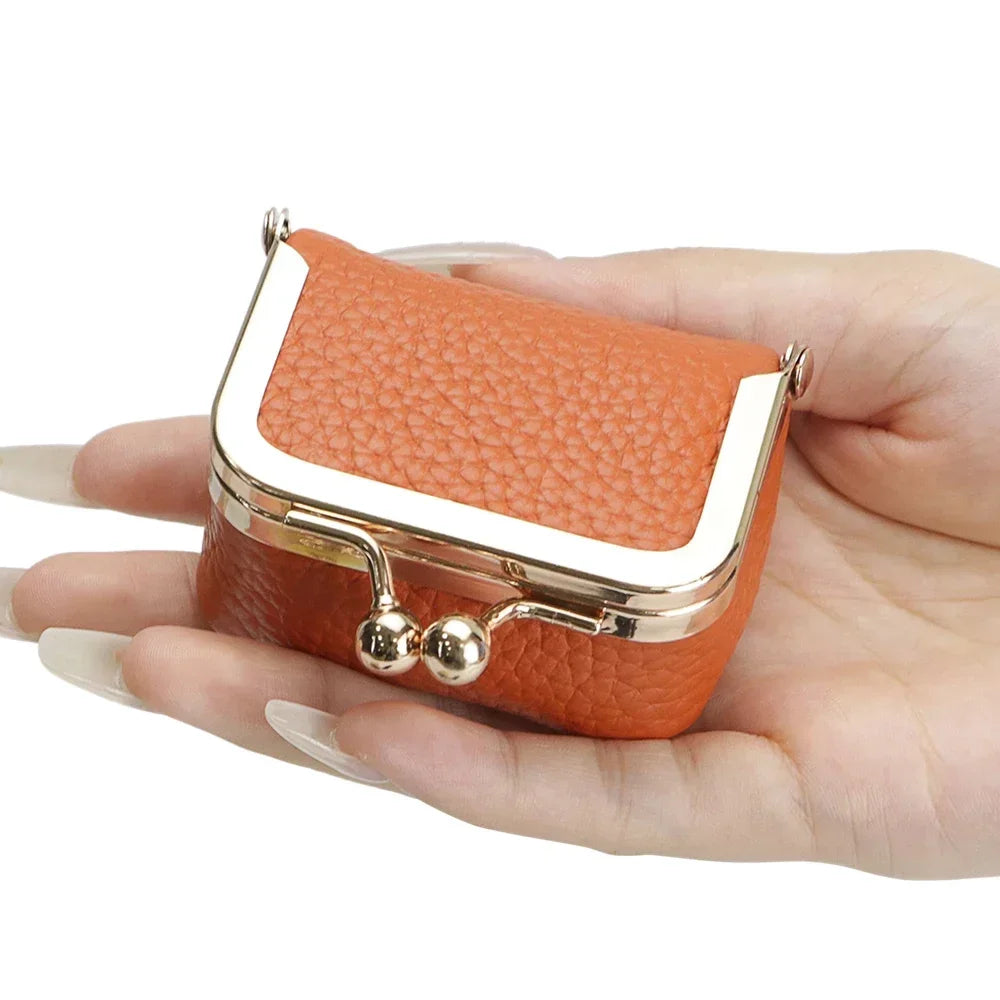 URBAN MASTER Genuine Leather Mini Coin Purse – Solid Color Kiss Lock Change Pouch, Casual Small Wallet for Women