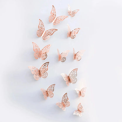 12PCS Metal-Inspired 3D Hollow Paper Butterfly Decorations – Party, Wedding, Birthday & Festival Wall Stickers