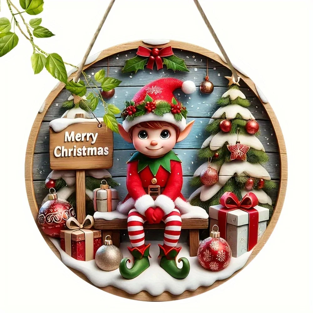 Charming Christmas Elf Wooden Sign – 20cm Round Holiday Decor for Cafe, Bar, Party & Home, Perfect Gift for Friends