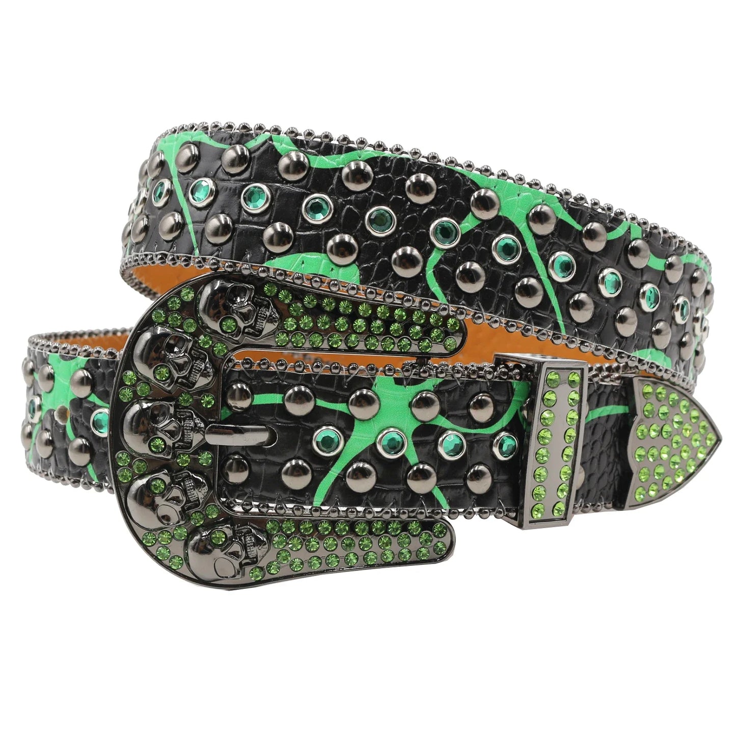 Women’s Rhinestone Skull Leather Belt – Luxury Designer Studded Strap for Jeans, White & Black