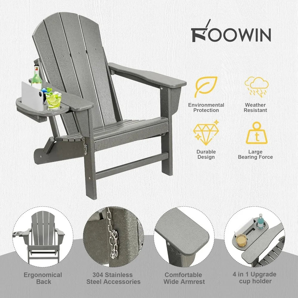 HDPE Folding Adirondack Chair Set – Weather-Resistant Outdoor Chairs with 4-in-1 Cup Holder Trays