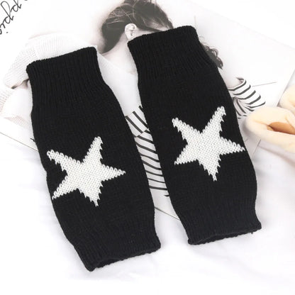 Women’s Knitted Fingerless Half Gloves – Warm Black & White Arm Sleeve Mittens for Autumn Winter Fashion Casual Wear Accessories