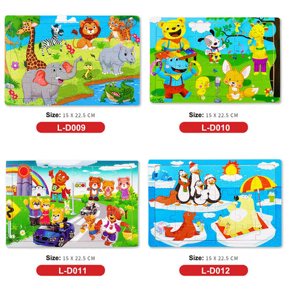30PCS Montessori Wooden 3D Cartoon Animal Puzzle – Educational Jigsaw Board Game for Kids