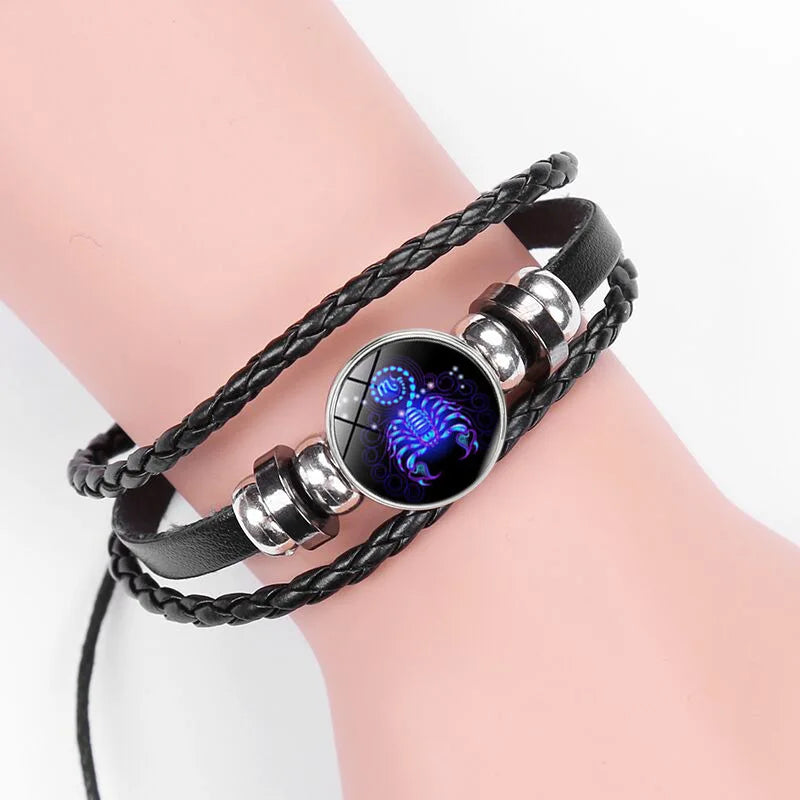 New Men's 12 Constellation Black Braided Leather Bracelet – Punk Style Zodiac Sign Multilayer Wrap Bracelet for Birthday Gifts