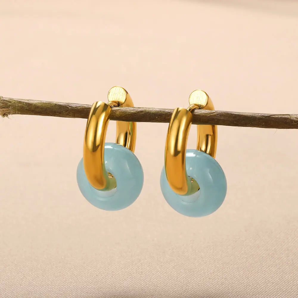 Leopard Bead Opal Stainless Steel Hoop Earrings — Gold Color, Anti-Fading Wedding & Prom Jewelry for Women, Gift Accessory