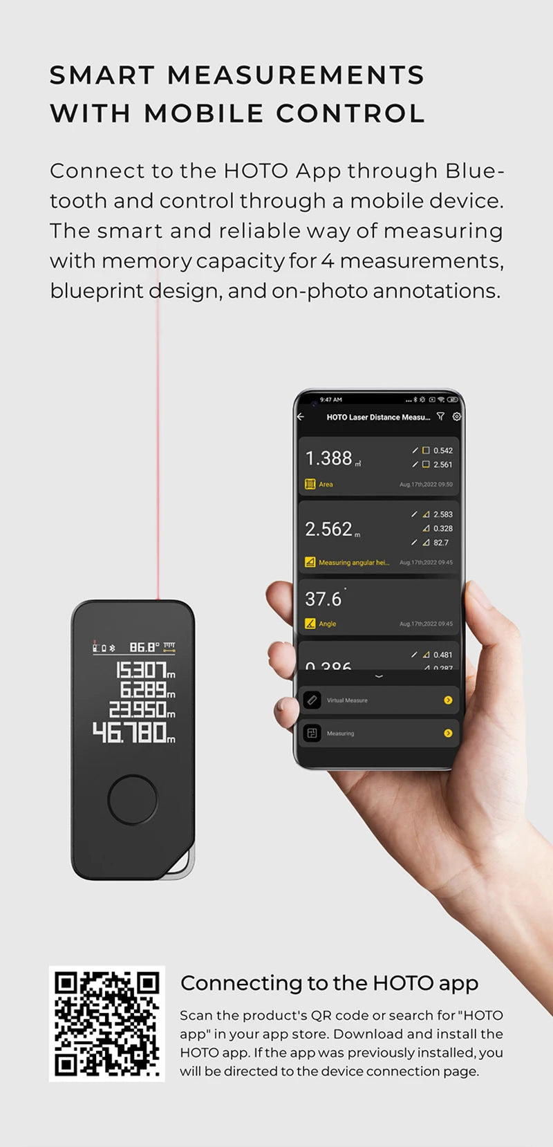 HOTO Smart Laser Measure Pro – LED Display Digital Laser Tape, Rechargeable Rangefinder & Intelligent Measuring Tool