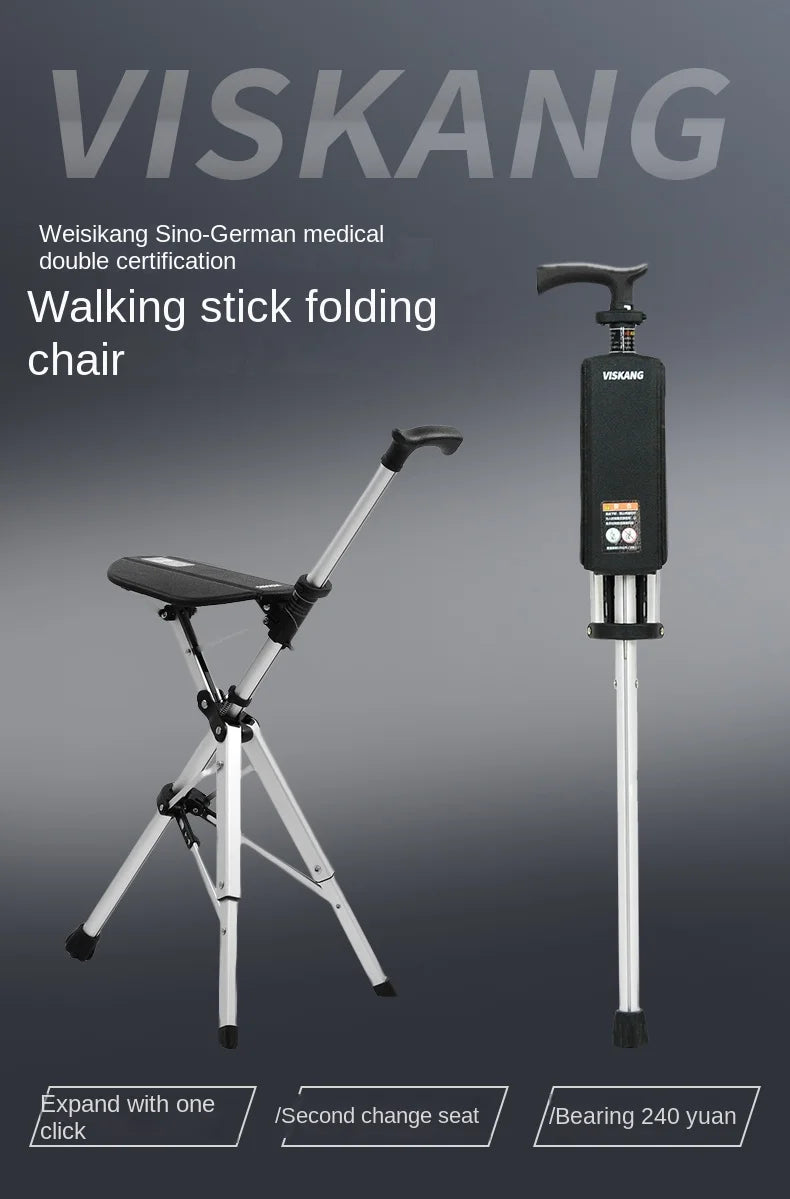 Multi-Functional Non-Slip Walking Stick with Seat – One-Key Foldable Crutch Chair, Triangular Bracing Elderly Hiking Pole Walker