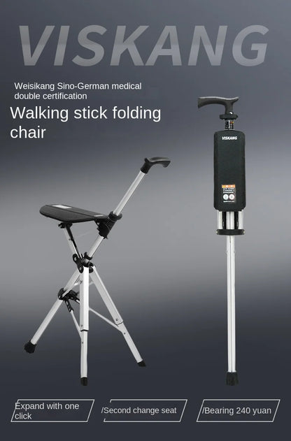 Multi-Functional Non-Slip Walking Stick with Seat – One-Key Foldable Crutch Chair, Triangular Bracing Elderly Hiking Pole Walker
