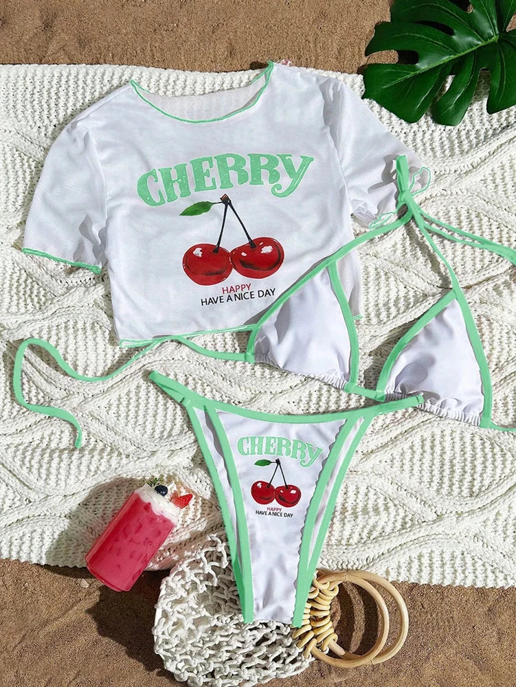 Cherry Print Bikini Set 2026 – Sexy 3-Piece Women’s Swimwear, Fresh Style Beach Bathing Suit, Available in 7 Colors (S–XL)