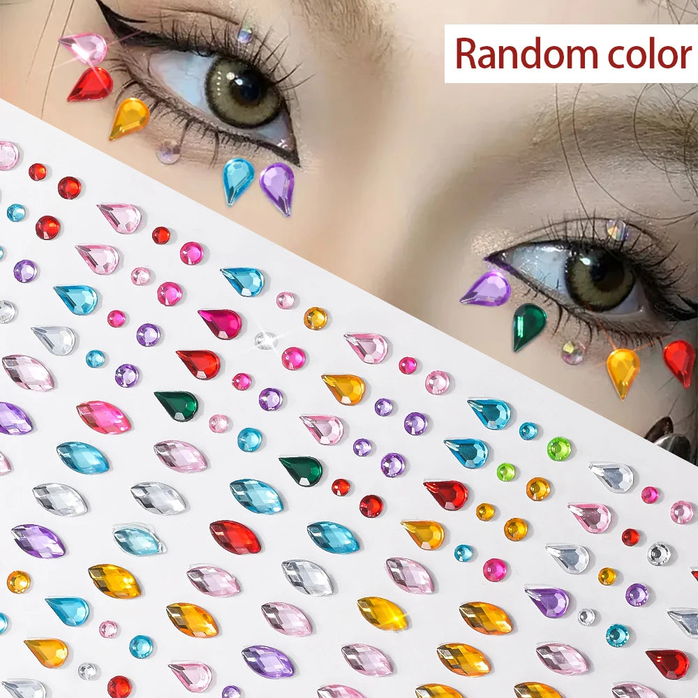 3D Holographic Teardrop Rhinestone Stickers - Self-Adhesive Crystal Diamond Face, Eye & Hair Decoration Tattoos
