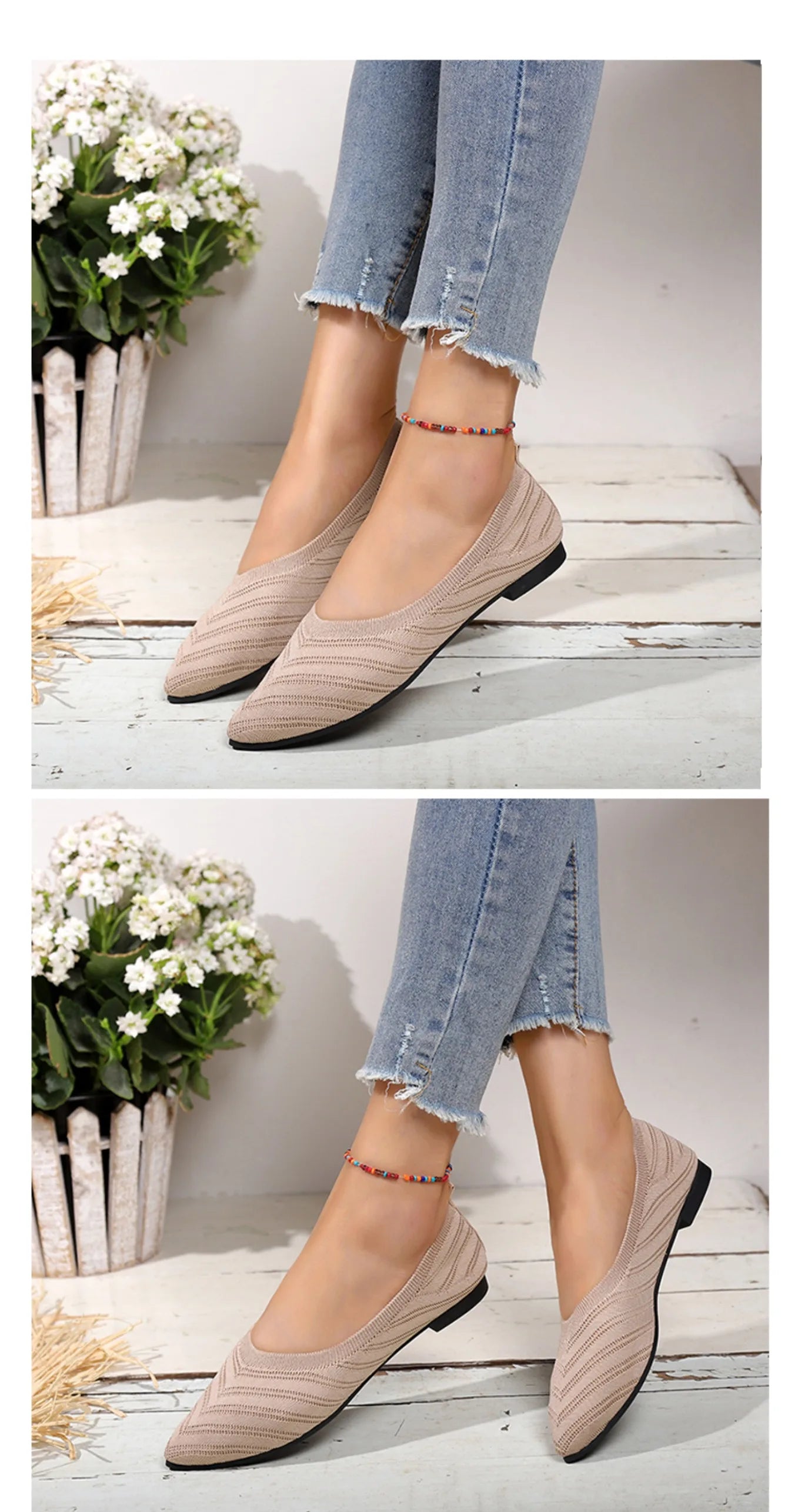 Women’s Solid Color Pointed Toe Knitted Slip-On Flats – Casual Breathable Ballet Loafers