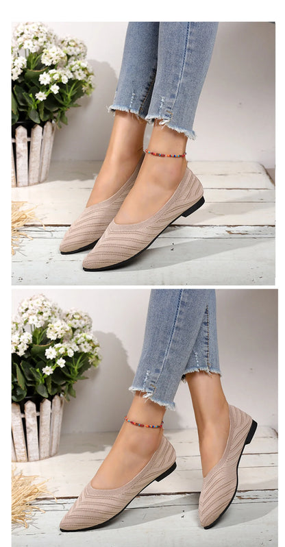 Women’s Solid Color Pointed Toe Knitted Slip-On Flats – Casual Breathable Ballet Loafers