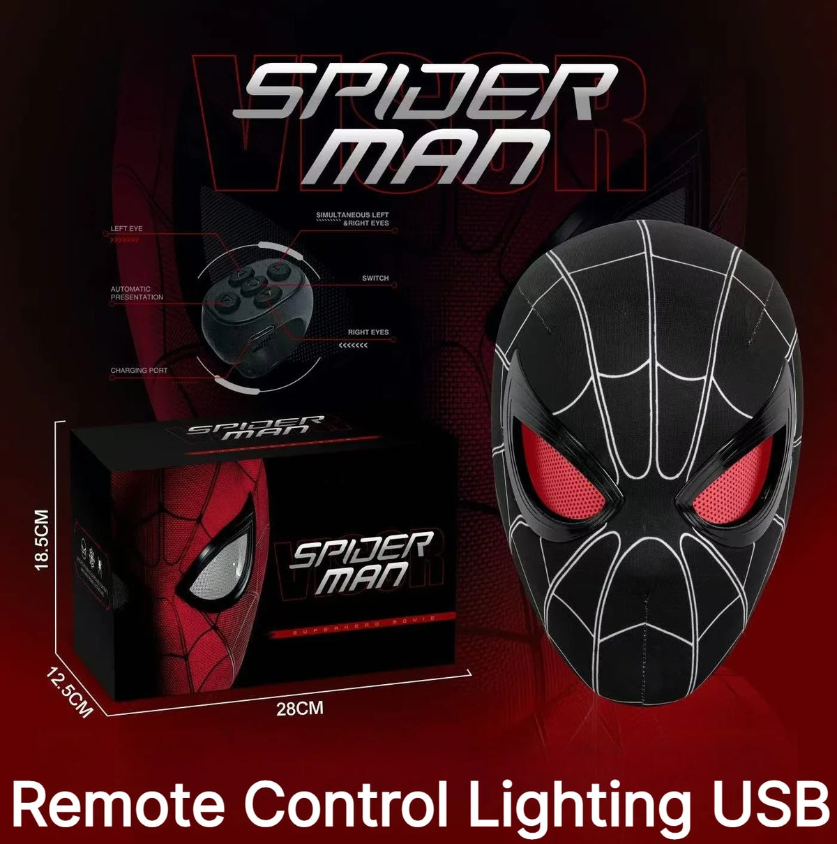 Miles Spider-Man 1:1 Electronic Mask - Moving Glowing Eyes with Ring Control for Cosplay & Collectors