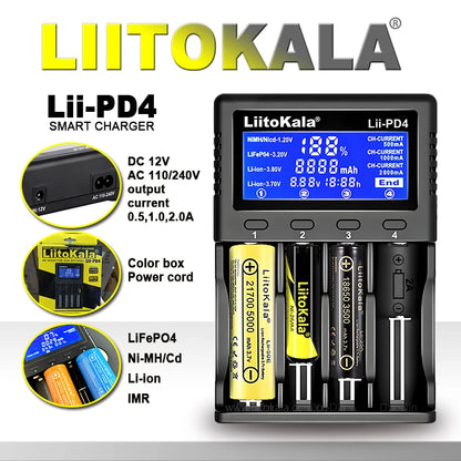 LiitoKala Lii-PD4/PD2 AC PD Charger – Fast Charging 4/2-Bay for 21700, 18650, AA & AAA Batteries with LCD & Multi-Protection