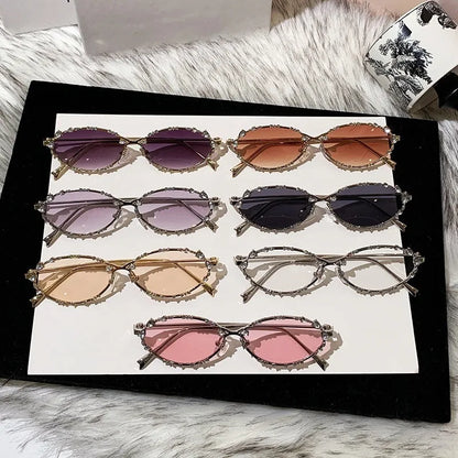 Luxury Diamond Oval Sunglasses - Rhinestone Metal Frame Fashion Eyewear for Men and Women Driving Style