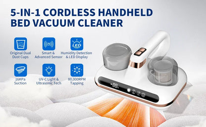 Cordless Handheld Mattress Vacuum Cleaner – 16Kpa Powerful Suction with UV-C Light & Ultrasonic for Sofa & Sheet Cleaning