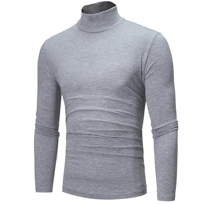 Fashion Men's Casual Slim Fit Turtleneck Pullover - High Collar Basic Tops for Autumn and Spring, Thin Bottoming Plain T-Shirt