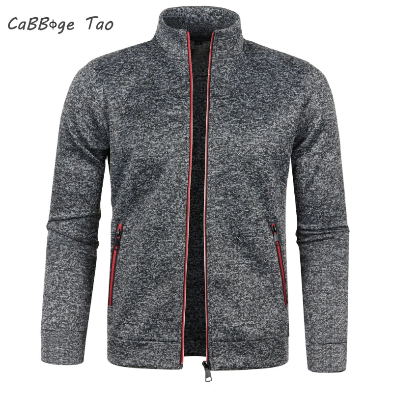 Men's Autumn Winter Zipper Sweater Jacket - Color Block Long Sleeve Slim Fit Plush Casual Warm Coat