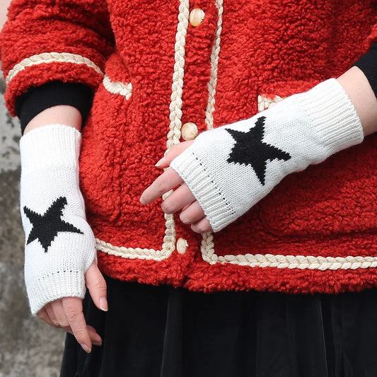 Women’s Knitted Fingerless Half Gloves – Warm Black & White Arm Sleeve Mittens for Autumn Winter Fashion Casual Wear Accessories