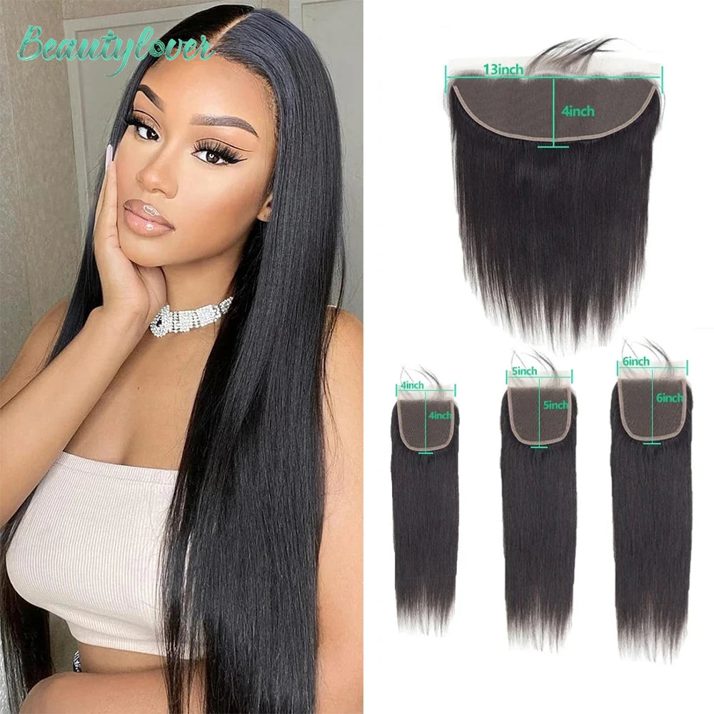 13x4 Transparent Lace Frontal – Brazilian Straight Human Hair Closure 4x4, 5x5, 6x6, 24 Inch for Women