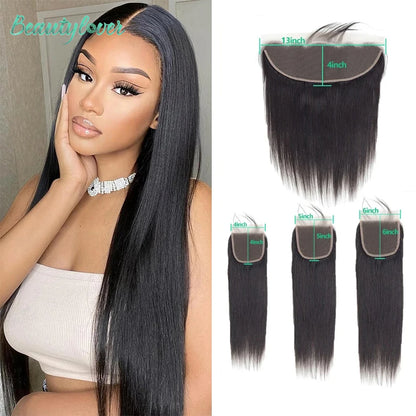 13x4 Transparent Lace Frontal – Brazilian Straight Human Hair Closure 4x4, 5x5, 6x6, 24 Inch for Women
