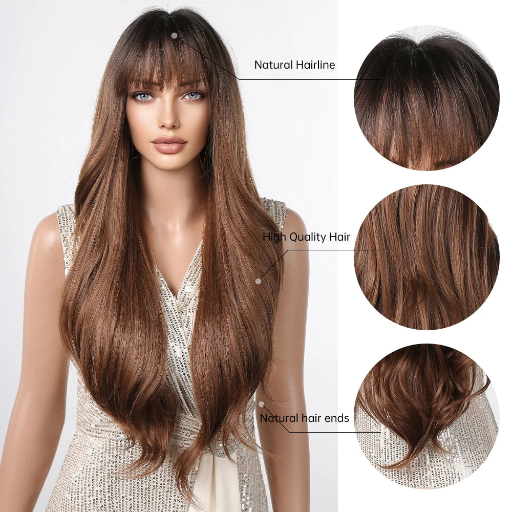 Ombre Honey Brown Long Synthetic Wig with Bangs — Wavy, Realistic, Soft, Heat-Resistant Hair for Daily & Party