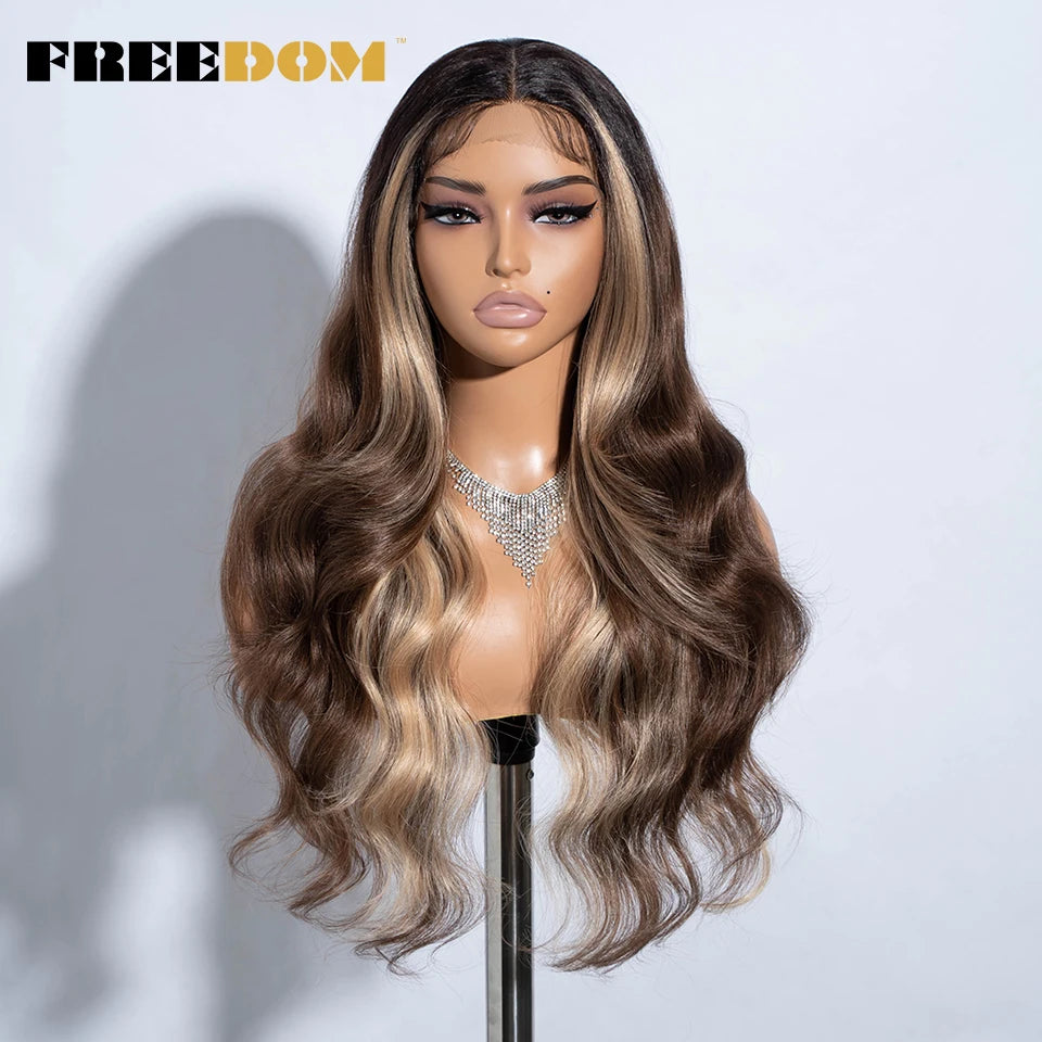 FREEDOM 26-Inch Synthetic Lace Front Wig for Women — Honey Brown Body Wave with Ombre Blonde Highlights, Cosplay & Fashion Wig
