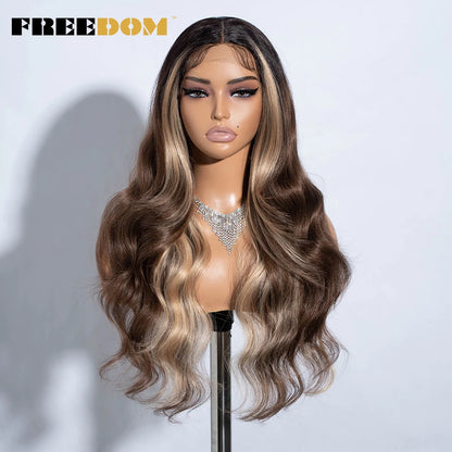 FREEDOM 26-Inch Synthetic Lace Front Wig for Women — Honey Brown Body Wave with Ombre Blonde Highlights, Cosplay & Fashion Wig