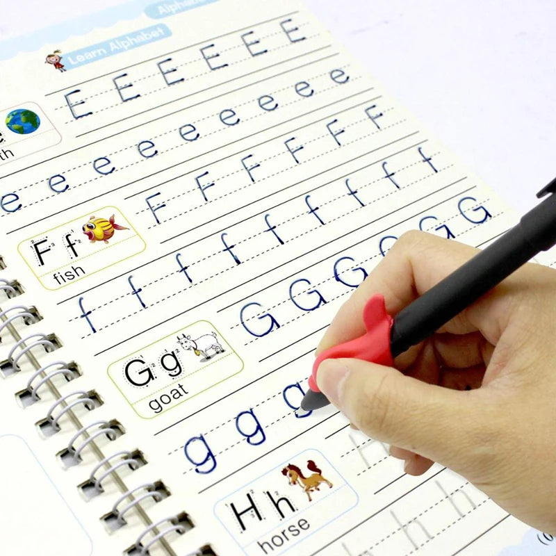 4-Piece Magic Practice Copybook Set with Pen — Reusable English Calligraphy Writing Book for Kids & Preschoolers