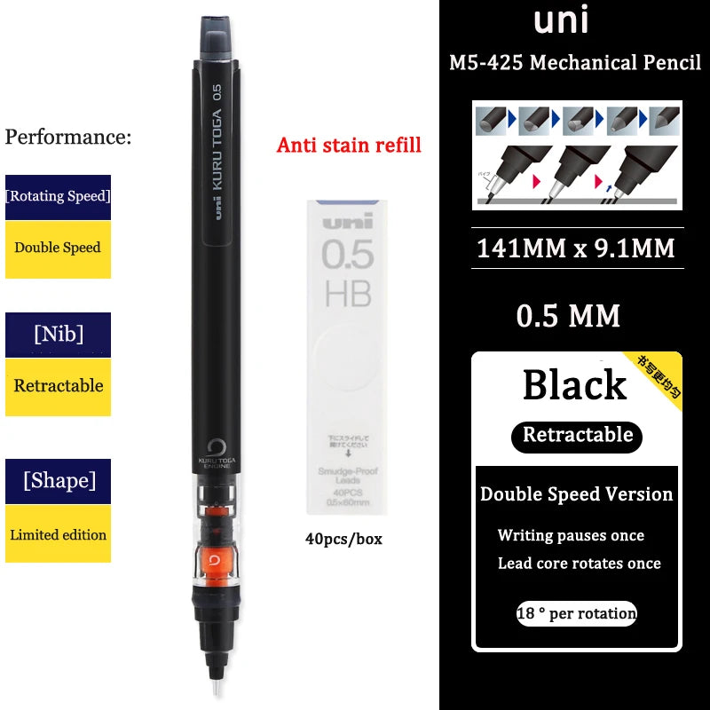 UNIStationery Automatic Mechanical Pencil — 0.5mm Anti-Slip Grip, Rotating Refillable Pen with Anti-Break Core