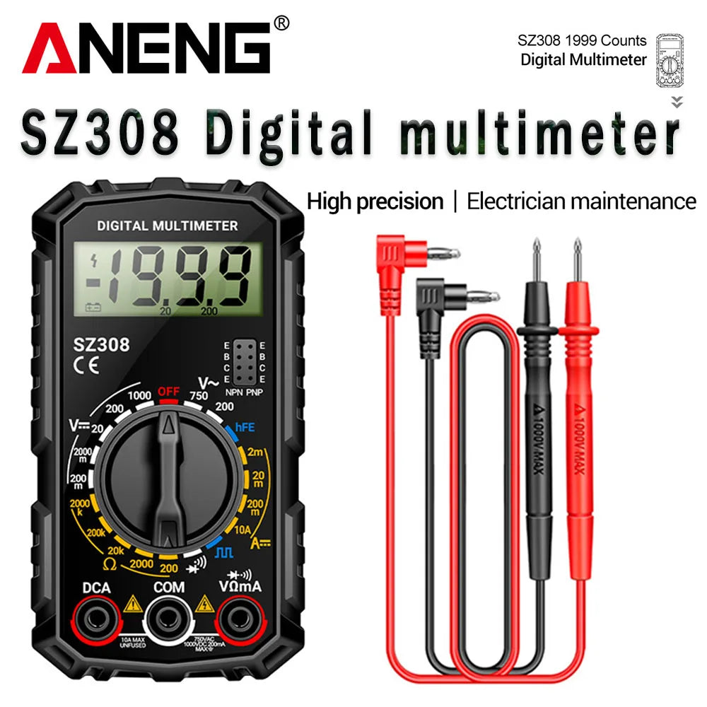 ANENG SZ308 Digital Multimeter – 1999 Count, High-Precision AC/DC Voltage, Current & Resistance Test Tool
