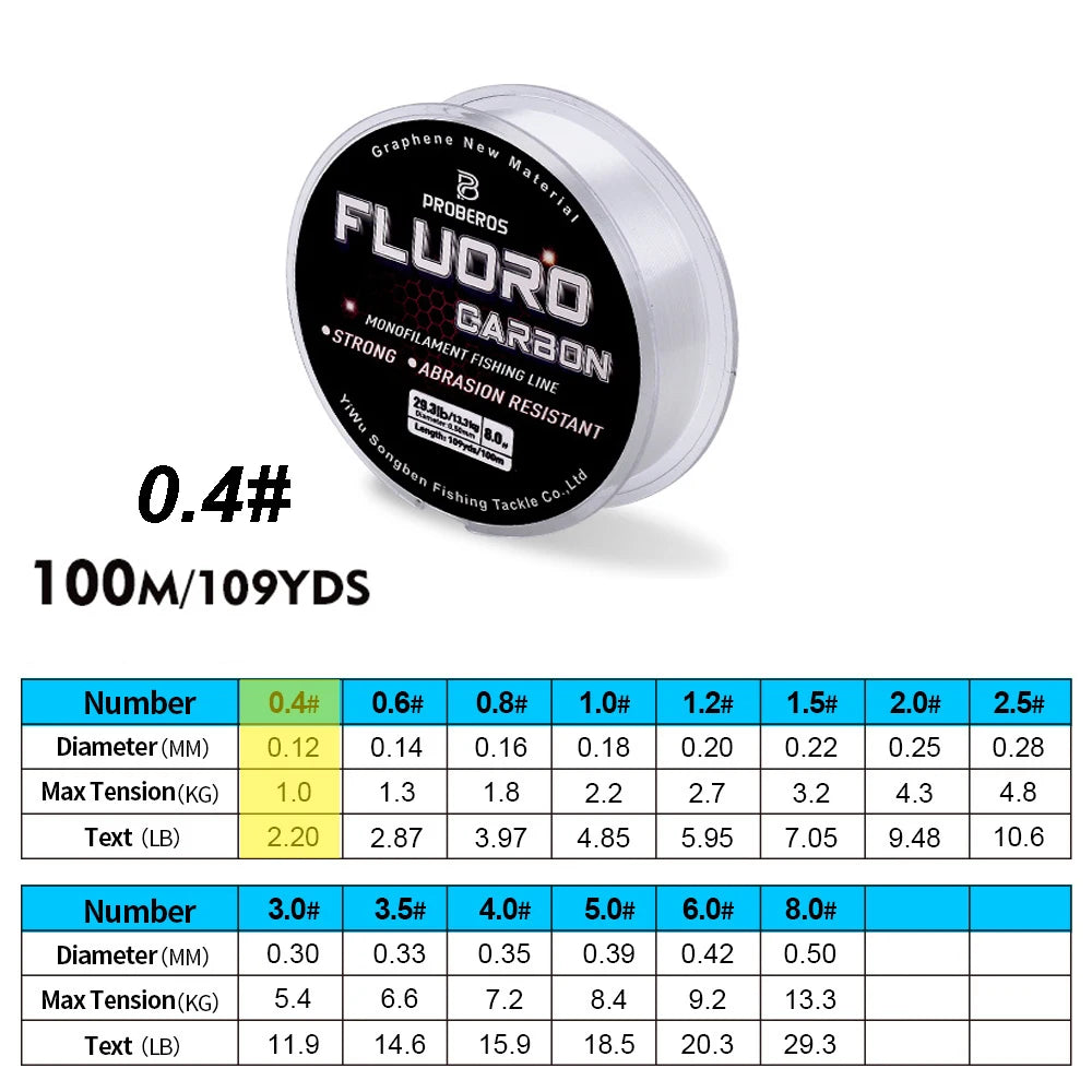 PROBEROS 100M Fluorocarbon Fishing Line - Carbon Fiber Monofilament Leader Line for Carp & Sinking Fishing Tackle