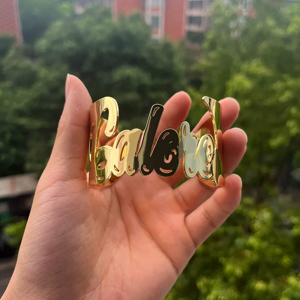 Custom Exaggerated Bangle - Personalized Name Bracelet for Women, Stainless Steel Charm Cuff, Waterproof Infinity Jewelry