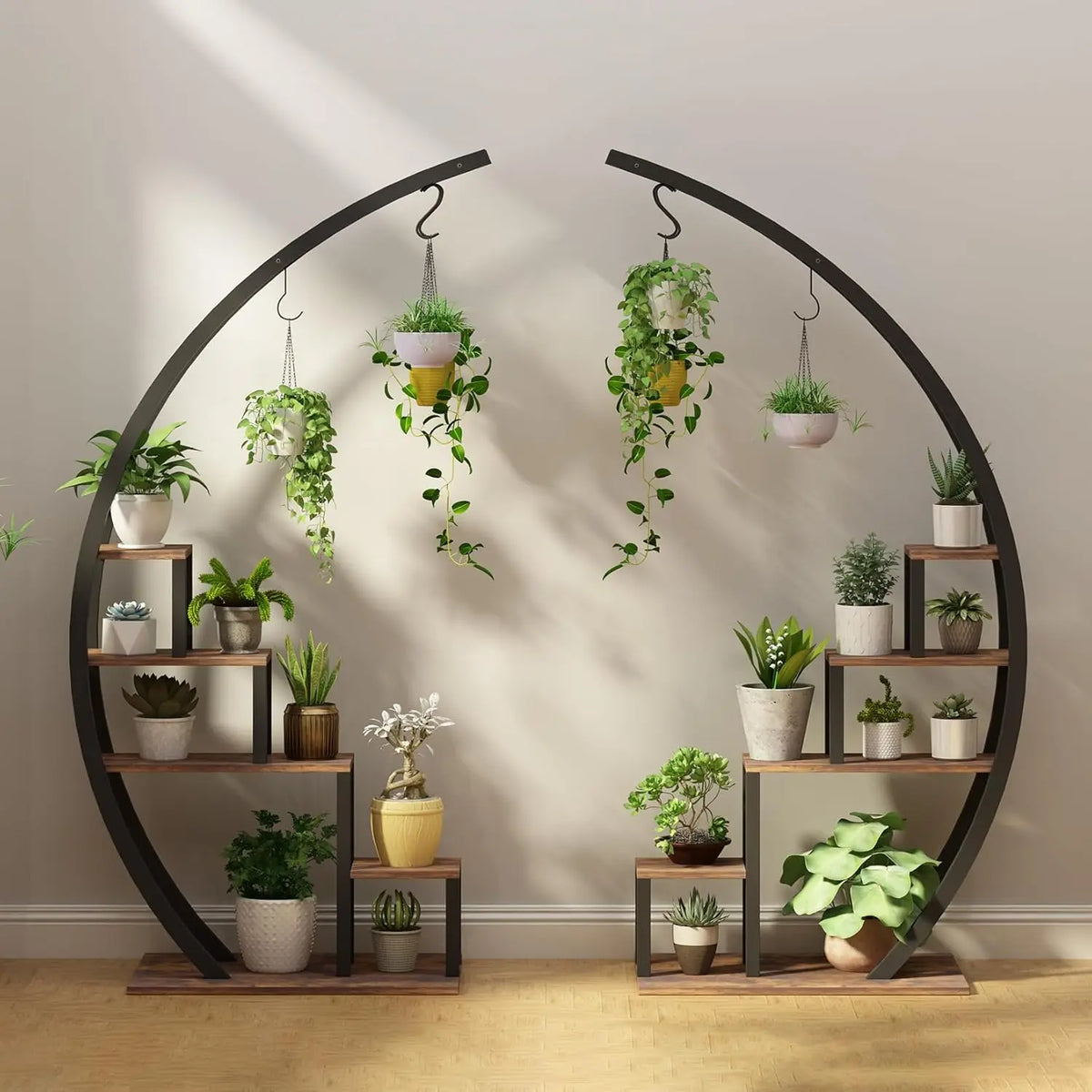 2PCS 5-Tier Metal Plant Stand - Half Moon Indoor & Outdoor Flower Shelf Rack for Home, Patio & Lawn