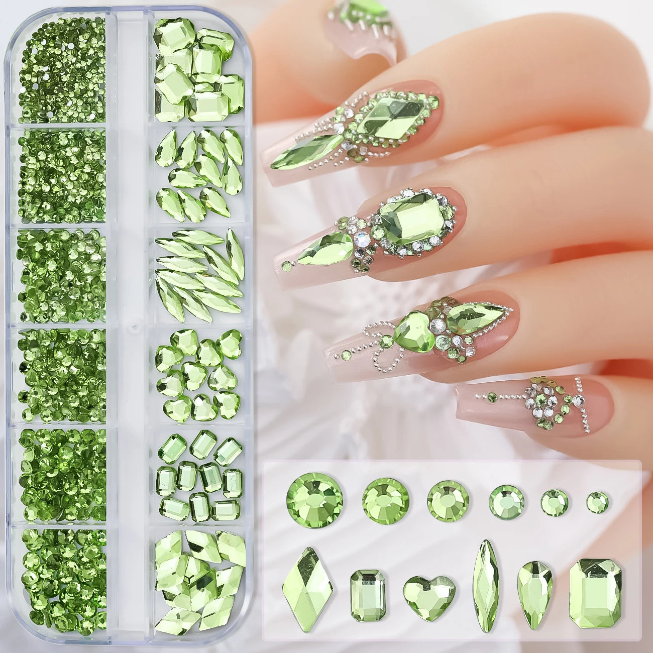 12-Grid Mixed Nail Rhinestones SS6-SS30 – Shiny Flat-Back Gems in Clear, Gold, Pink & Blue for Nail Art Decoration
