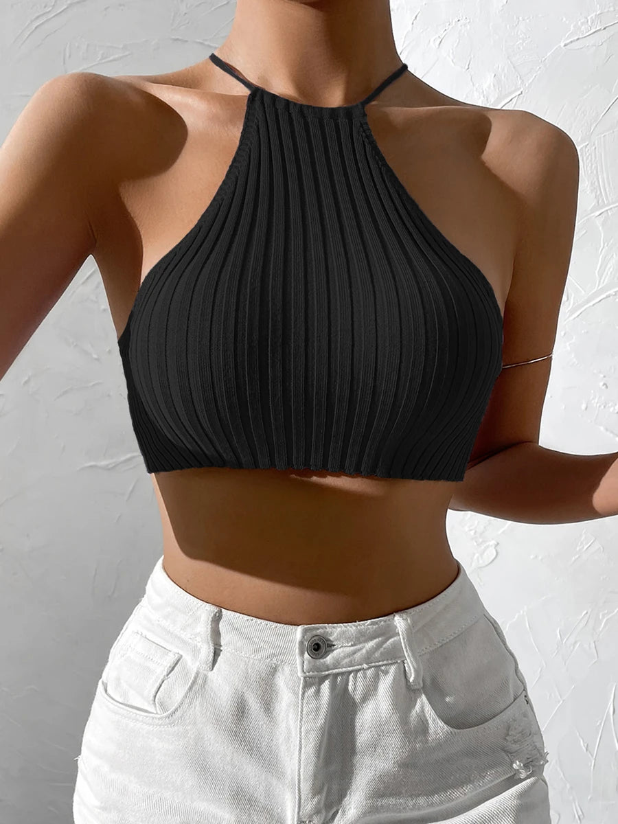 Women’s Summer Tie Backless Halter Crop Top – Y2K Knit Crossfit Sexy Casual Drawstring Beach Tank Top