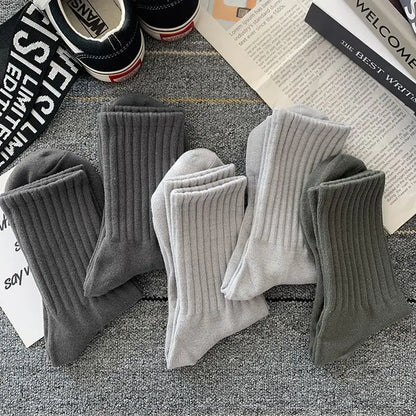 5 Pairs Cool Men's Socks Set – Black & White, Warm Autumn/Winter Sport Short Socks, Solid Color for Men