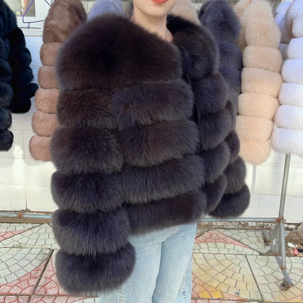 QUEENTINA Women’s Real Fox Fur Coat – Brown Leather & Skin Winter Fashion Outerwear 2025